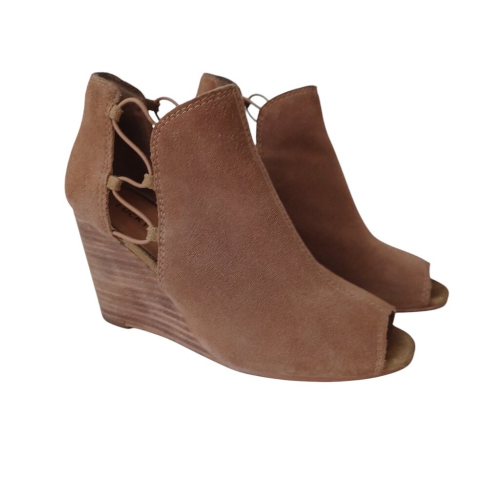 Lucky Brand Suede Ankle Booties Reevas Leather Peep Toe‎ Wedge Womens 7.5